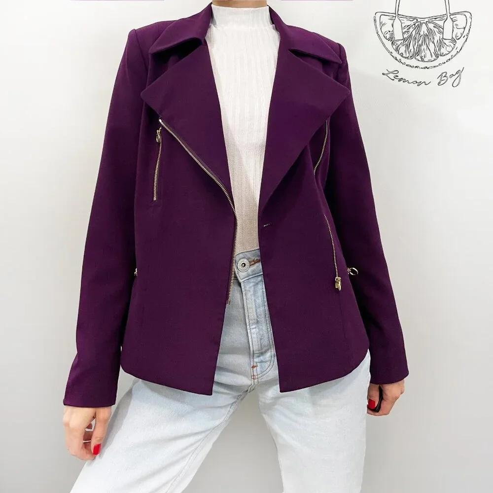 Calvin Klein / Asymmetrical Zipper Lapel Fitted Blazer / Dark Purple / Size S - Picture 2 of 5